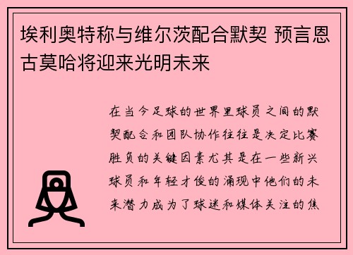 埃利奥特称与维尔茨配合默契 预言恩古莫哈将迎来光明未来