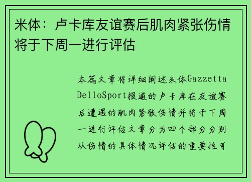 米体：卢卡库友谊赛后肌肉紧张伤情将于下周一进行评估